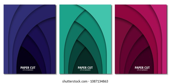 Set of abstract 3D backgrounds. Paper cut shapes. Template for your design works. Vector illustration.