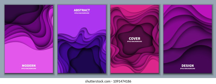 Set of abstract 3D backgrounds. Paper cut shapes. Template for banner, brochure, book cover, booklet design. Vector illustration.