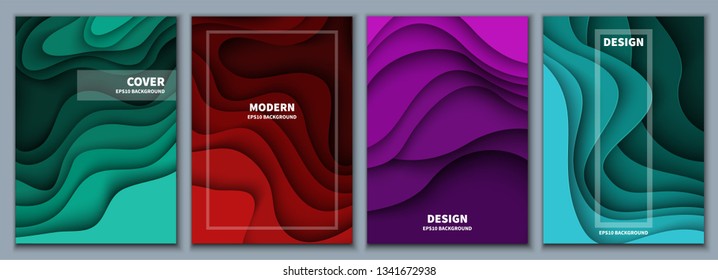 Set of abstract 3D backgrounds. Paper cut shapes. Template for banner, brochure, book cover, booklet design. Vector illustration.