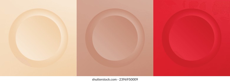 Set of abstract 3d beige, different color circle frame design for cosmetic product. Collection of trendy color geometric background with copy space. Top view scene. Vector EPS10