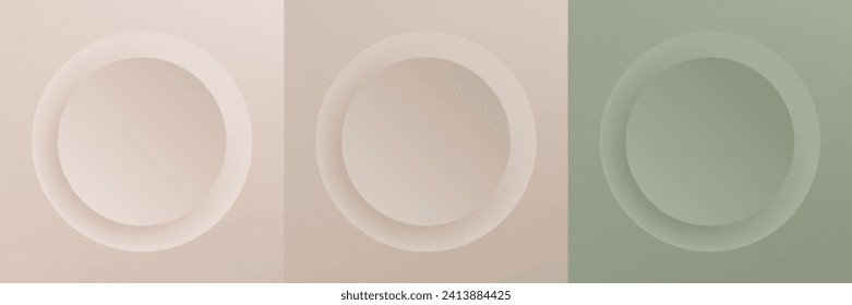 Set of abstract 3d beige, different color circle frame design for cosmetic product. Collection of trendy color geometric background with copy space. Top view scene. Vector EPS10