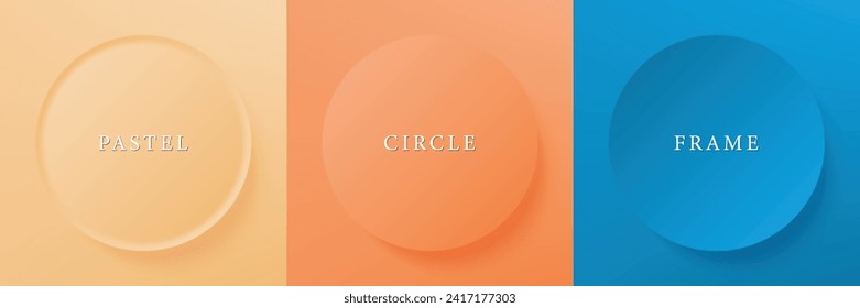 Set of abstract 3d beige, different color circle frame design for cosmetic product. Collection of trendy color geometric background with copy space. Top view scene. Vector EPS10