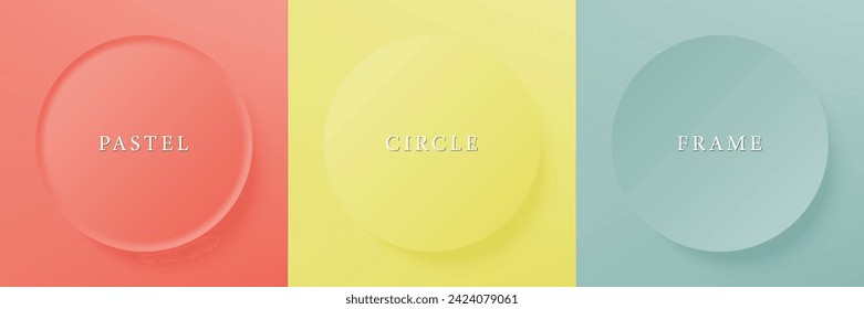 Set of abstract 3d beige, different color circle frame design for cosmetic product. Collection of trendy color geometric background with copy space. Top view scene. Vector EPS10