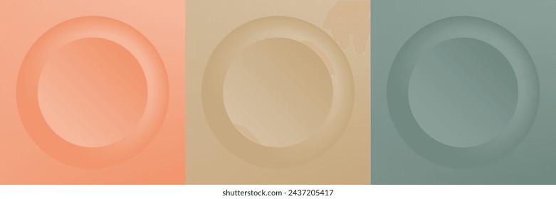 Set of abstract 3d beige, different color circle frame design for cosmetic product. Collection of trendy color geometric background with copy space. Top view scene. Vector EPS10