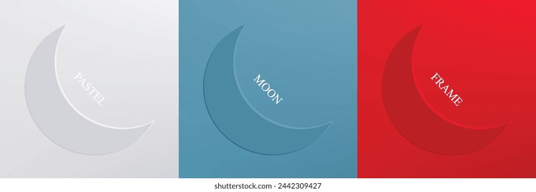 Set of abstract 3d beige, different color crescent frame design for cosmetic product. Collection of trendy color geometric background with copy space. Top view scene. Vector EPS10