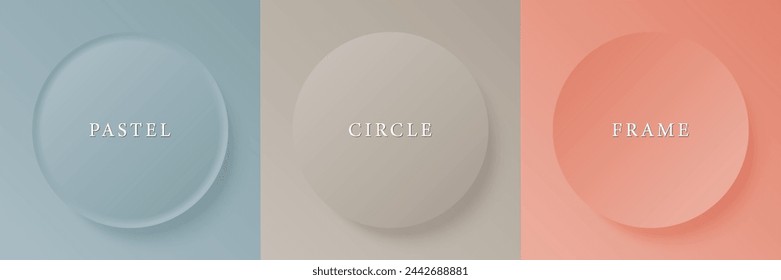 Conjunto de abstracto 3d beige, diseño de marco de círculo de color diferente para producto cosmético. Colección de fondo geométrico de color de moda con espacio de copia. Vista superior. Vector EPS10