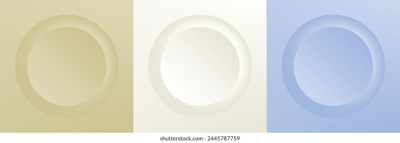 Set of abstract 3d beige, different color circle frame design for cosmetic product. Collection of trendy color geometric background with copy space. Top view scene. Vector EPS10