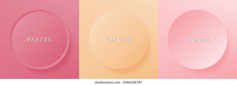 Conjunto de abstracto 3d beige, diseño de marco de círculo de color diferente para producto cosmético. Colección de fondo geométrico de color de moda con espacio de copia. Vista superior. Vector EPS10
