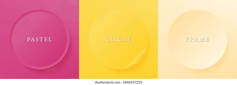 Conjunto de abstracto 3d beige, diseño de marco de círculo de color diferente para producto cosmético. Colección de fondo geométrico de color de moda con espacio de copia. Vista superior. Vector EPS10