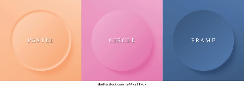 Conjunto de abstracto 3d beige, diseño de marco de círculo de color diferente para producto cosmético. Colección de fondo geométrico de color de moda con espacio de copia. Vista superior. Vector EPS10