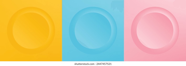 Set of abstract 3d beige, different color circle frame design for cosmetic product. Collection of trendy color geometric background with copy space. Top view scene. Vector EPS10