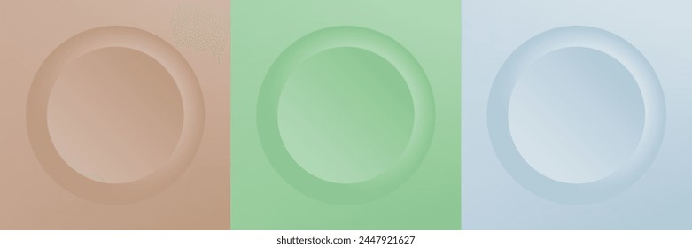 Set of abstract 3d beige, different color circle frame design for cosmetic product. Collection of trendy color geometric background with copy space. Top view scene. Vector EPS10