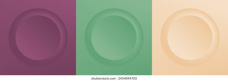 Set of abstract 3d beige, different color circle frame design for cosmetic product. Collection of trendy color geometric background with copy space. Top view scene. Vector EPS10