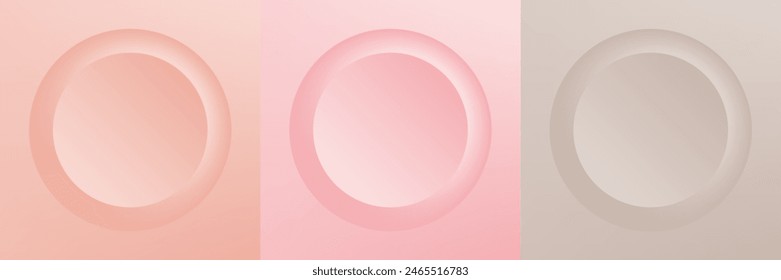 Set of abstract 3d beige, different color circle frame design for cosmetic product. Collection of trendy color geometric background with copy space. Top view scene. Vector EPS10