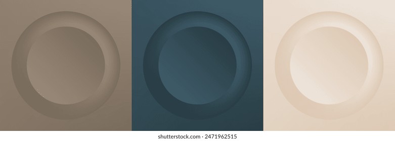Set of abstract 3d beige, different color circle frame design for cosmetic product. Collection of trendy color geometric background with copy space. Top view scene. Vector EPS10