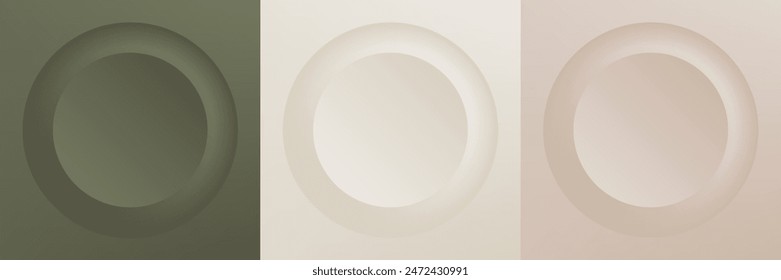 Set von abstrakten 3D beige, verschiedene Farbe Kreis Rahmen Design für kosmetische Produkt. Kollektion von trendigem farbgeometrischem Hintergrund mit Kopierraum. Szene von oben anzeigen. Vektorgrafik EPS10