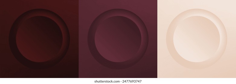 Conjunto de abstracto 3d beige, diseño de marco de círculo de color diferente para producto cosmético. Colección de fondo geométrico de color de moda con espacio de copia. Vista superior. Vector EPS10