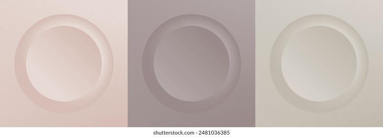 Conjunto de abstracto 3d beige, diseño de marco de círculo de color diferente para producto cosmético. Colección de fondo geométrico de color de moda con espacio de copia. Vista superior. Vector EPS10