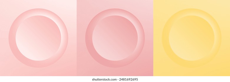 Set von abstrakten 3D beige, verschiedene Farbe Kreis Rahmen Design für kosmetische Produkt. Kollektion von trendigem farbgeometrischem Hintergrund mit Kopierraum. Szene von oben anzeigen. Vektorgrafik EPS10