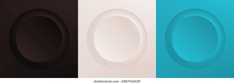 Set of abstract 3d beige, different color circle frame design for cosmetic product. Collection of trendy color geometric background with copy space. Top view scene. Vector EPS10
