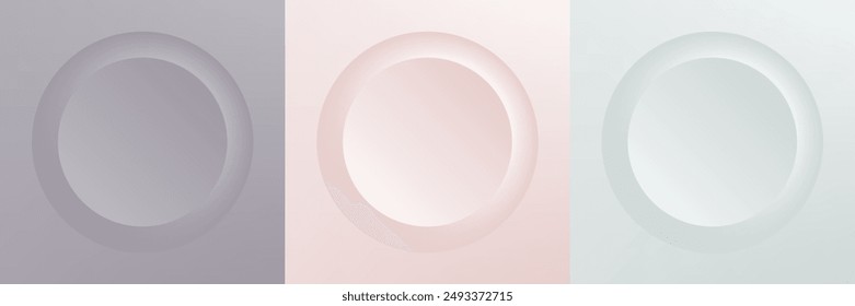 Set of abstract 3d beige, different color circle frame design for cosmetic product. Collection of trendy color geometric background with copy space. Top view scene. Vector EPS10