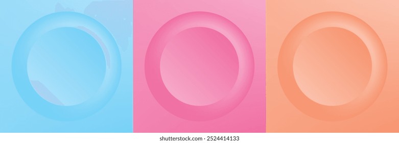 Set of abstract 3d beige, different color circle frame design for cosmetic product. Collection of trendy color geometric background with copy space. Top view scene. Vector EPS10