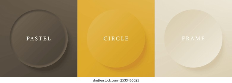 Set of abstract 3d beige, different color circle frame design for cosmetic product. Collection of trendy color geometric background with copy space. Top view scene. Vector EPS10