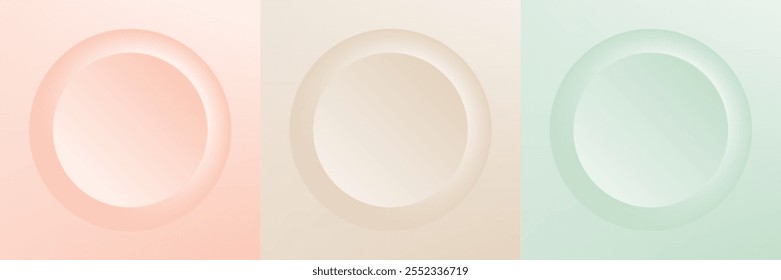 Set of abstract 3d beige, different color circle frame design for cosmetic product. Collection of trendy color geometric background with copy space. Top view scene. Vector EPS10