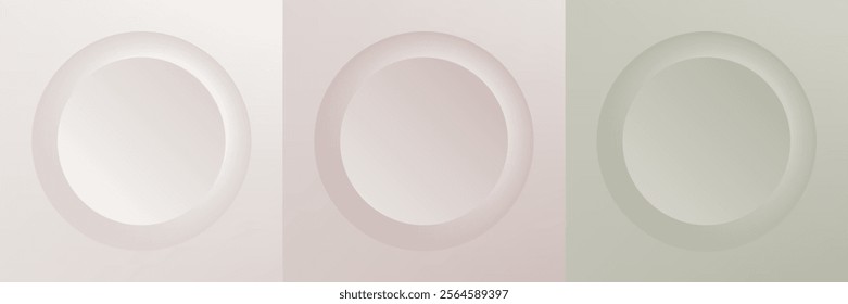 Set of abstract 3d beige, different color circle frame design for cosmetic product. Collection of trendy color geometric background with copy space. Top view scene. Vector EPS10