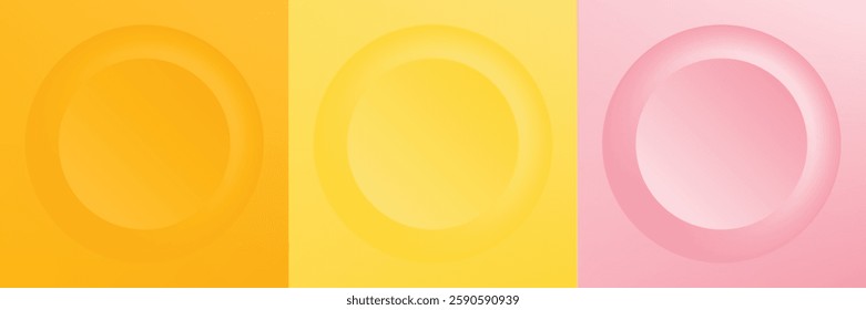 Set of abstract 3d beige, different color circle frame design for cosmetic product. Collection of trendy color geometric background with copy space. Top view scene. Vector EPS10