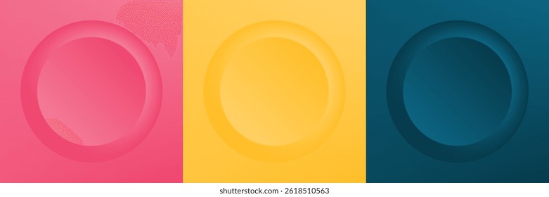 Set of abstract 3d beige, different color circle frame design for cosmetic product. Collection of trendy color geometric background with copy space. Top view scene. Vector EPS10