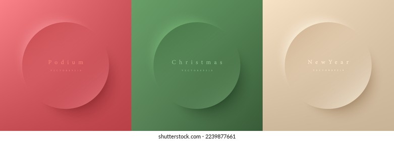 Set of abstract 3d beige, green and red round circle frame design for christmas product. Collection of trendy color geometric background with copy space. Top view pedestal podium scene. Vector EPS10