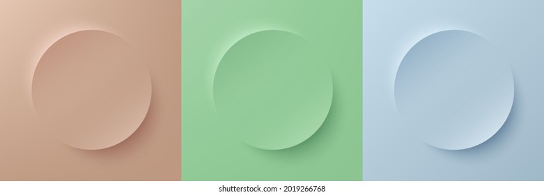 Set abstract 3d beige  light green   blue pastel color circle frame design for cosmetic product  Collection trendy color geometric background and copy space  Top view scene  Vector EPS10