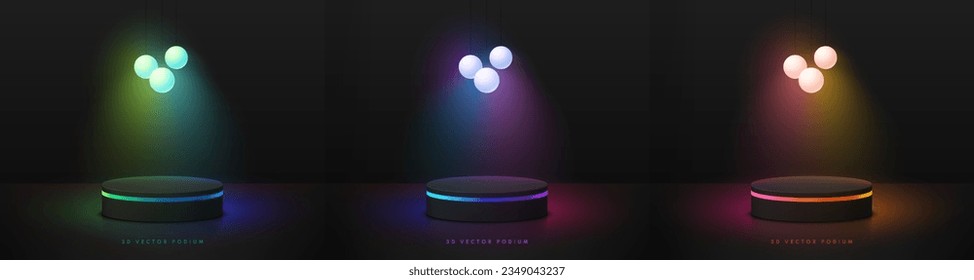 Set of abstract 3D black cylinder podium background with red, green and blue hanging neon lighting ball. Minimal mockup product display presentation, Stage showcase. Platforms vector geometric design.