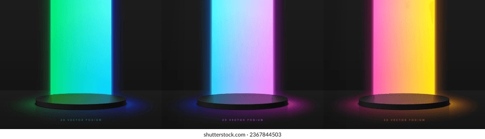 Set of abstract 3D black cylinder podium background with red, green and blue glowing neon lighting wall scene. Minimal mockup product display presentation, Stage showcase. Platforms vector geometric.