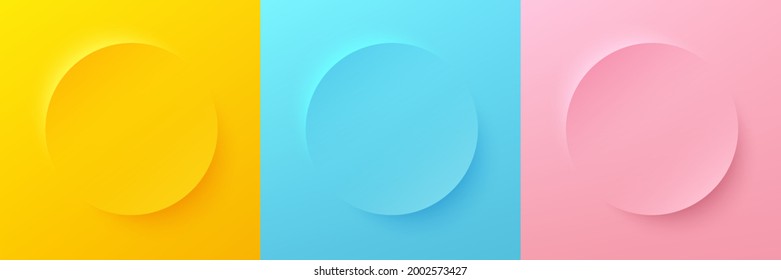 Set of abstract 3d bright yellow, blue and pink pastel color circle frame design for cosmetic product. Collection of minimal geometric background with copy space. Top view scene. Vector EPS10