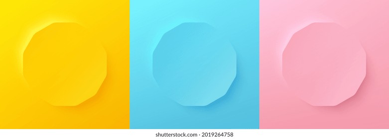 Set of abstract 3d bright yellow, blue and pink pastel color hexagon frame design for cosmetic product. Collection of minimal geometric background with copy space. Top view scene. Vector EPS10