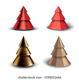 Set of abstract 3d christmas trees. Red and golden color variation. Vector Illustration.