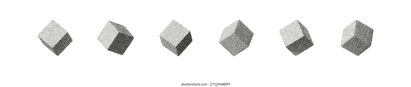 Conjunto de cubos 3D abstractos con textura de ruido granulado y sombreado suave de semitono. Las Formas geométricas mínimas sobre fondo blanco crean un aspecto retro moderno con sutiles Gradientes punteados y sombras suaves.