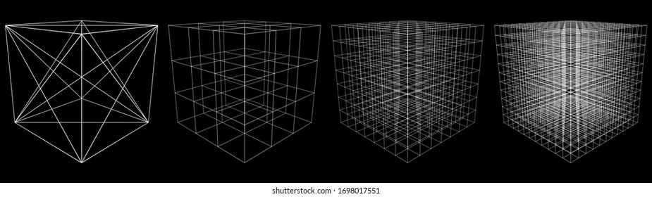 Set of abstract 3D cubes of multiple lines. Square. Digital technology. Futuristic vector illustration.