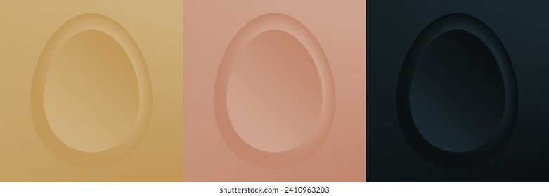 Set of abstract 3D eggs shape frames design. Elements for festival day design. Collection of geometric oval for product display or text space. Top view. Vector illustration