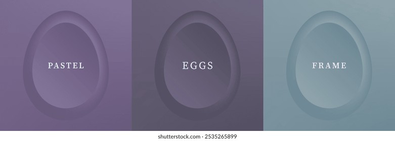 Set of abstract 3D eggs shape frames design. Elements for festival day design. Collection of geometric oval for product display or text space. Top view. Vector illustration