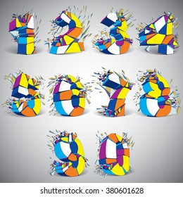 Set of abstract 3d faceted colorful numbers with connected black lines and dots. Vector low poly shattered design elements with fragments and particles. Explosion effect, numeration with thread.