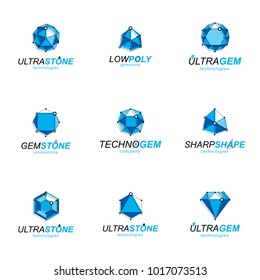 Set of abstract 3d faceted figures with connected lines. Vector low poly design elements collection. Set of brilliant jewelry signs for use in advertisement design concept.