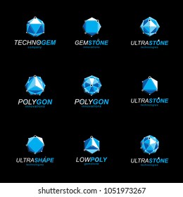 Set of abstract 3d faceted figures with connected lines. Vector low poly design elements collection. Set of brilliant jewelry signs for use in advertisement design concept.