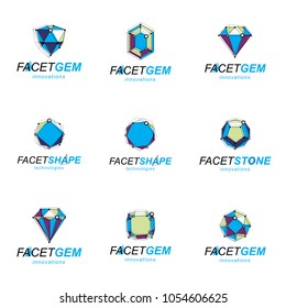 Set of abstract 3d faceted figures with connected lines. Vector low poly design elements collection. Set of brilliant jewelry signs for use in advertisement design concept.