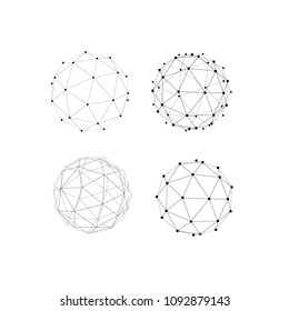 Set of abstract 3d faceted figures with connected lines. Vector low poly design elements collection, scientific concept. Cybernetic orb shapes with grid and lines mesh, network structure.
