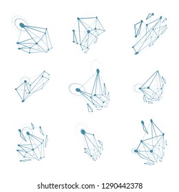 Set of abstract 3d faceted figures with connected lines. Vector low poly design elements collection, scientific concept. Cybernetic technology shapes with grid and lines mesh.