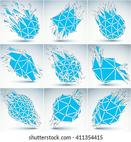 Set of abstract 3d faceted figures with connected black lines and dots. Vector low poly blue shattered design elements with fragments and particles. Explosion effect, communication technology.