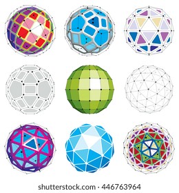 Set of abstract 3d faceted figures with connected lines. Vector low poly design elements collection, scientific concept. Cybernetic orb shapes with grid and lines mesh, network structure.